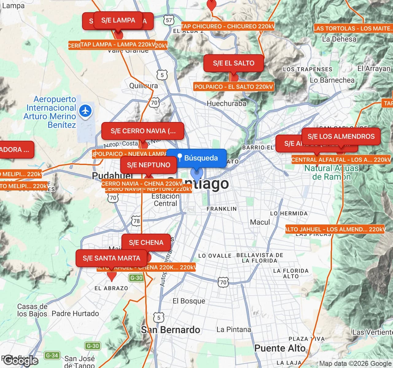 Subestaciones de 220kV cerca de Santiago - búsqueda geoespacial
